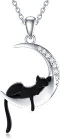 wholesale 925 Sterling Silver Black Cat on Crescent Moon with Cubic Zirconia Charm Pendant Necklace-0-0