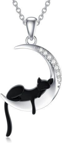 wholesale 925 Sterling Silver Black Cat on Crescent Moon with Cubic Zirconia Charm Pendant Necklace-Black Cat
