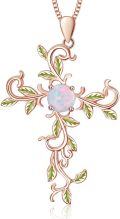 wholesale 925 Sterling Silver Plated Rose Gold White Simulated Opal Cross Pendant Necklaces with Leaves and Vine Design for Women-0-0