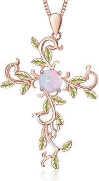 wholesale 925 Sterling Silver Plated Rose Gold White Simulated Opal Cross Pendant Necklaces with Leaves and Vine Design for Women-B-Rose Gold Tree Cross