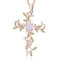 wholesale 925 Sterling Silver Plated Rose Gold White Simulated Opal Cross Pendant Necklaces with Leaves and Vine Design for Women-0-0