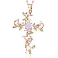 wholesale 925 Sterling Silver Plated Rose Gold White Simulated Opal Cross Pendant Necklaces with Leaves and Vine Design for Women-B-Rose Gold Tree Cross