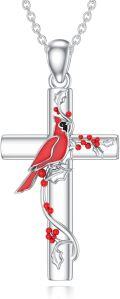 wholesale 925 Sterling Silver Cardinal Cross with Berries and Leaves Pendant Necklace-0-0