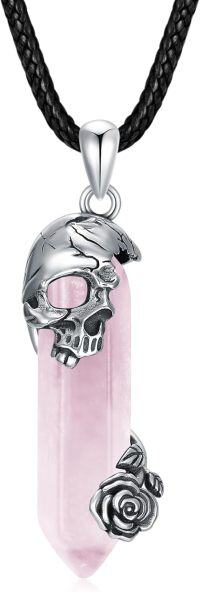 wholesale Sterling Silver Black Quartz Skull Rose Pendant Necklace-E-Pink