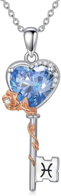 wholesale  Sterling Silver Birthstone Zodiac Necklace for Women Rose Flower Key Pendant Wife Gift -3-Pisces (2\/19~3\/20)