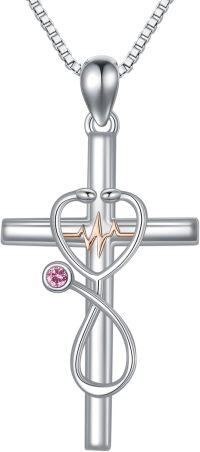 wholesale 925 Sterling Silver Birthstone Stethoscope Cross Necklace for Nurse Doctor RN-10-October-Pink Tourmaline