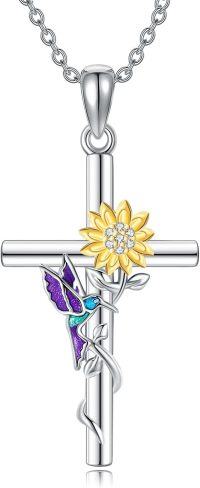wholesale Sterling Silver Stone Jesus Flower Hummingbird Cross Necklace for Women-Sunflower Hummingbird