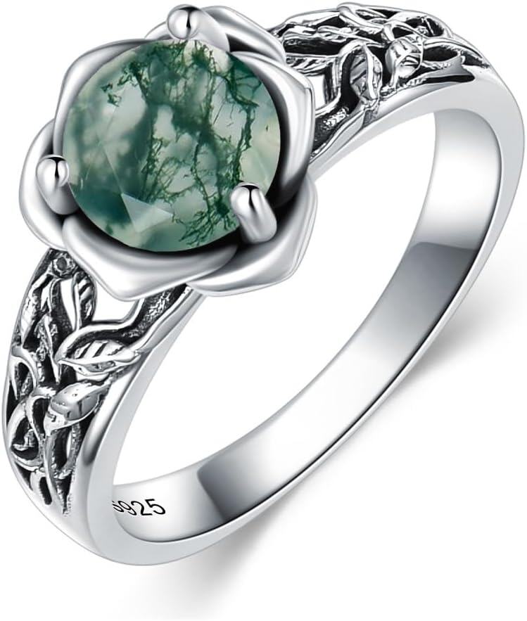 Sterling Silver Moss Agate Vintage Promise Ring Retro Oxidized Filigree-G-Round Moss Agate # 3