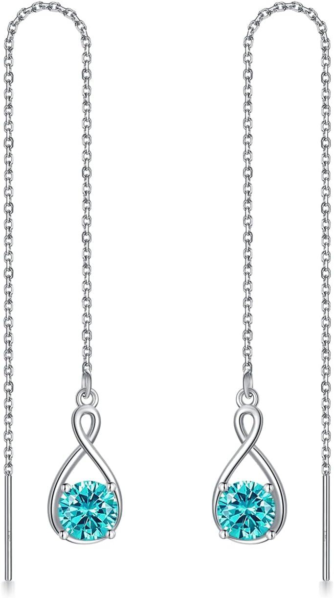  Sterling Silver Birthstone Threader Earrings Infinity Long Chain Drop Pull Through 12 Stone Birthday Jewelry Gifts for Women -12-Dec-Topaz