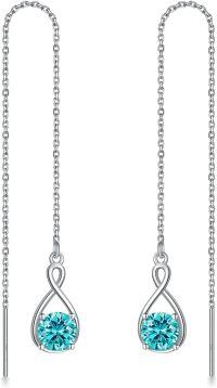 wholesale 925 Sterling Silver Birthstone Threader Earrings Infinity Long Chain Drop Pull Through 12 Stone Birthday Jewelry Gifts for Women-12-Dec-Topaz