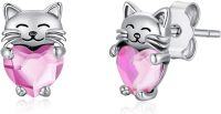 wholesale 925 Sterling Silver Pink Heart Cat Stud Earrings - Adorable Kitty  for Her-Pink
