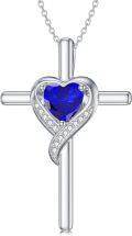 wholesale 925 Sterling Silver Sapphire Cross Necklace with September Birthstone - Elegant White Gold Plated Faith Jewelry for Women-0-0