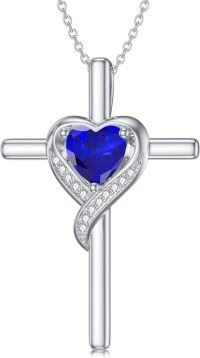 wholesale 925 Sterling Silver Sapphire Cross Necklace with September Birthstone - Elegant White Gold Plated Faith Jewelry for Women-09-Sapphire-Sep.