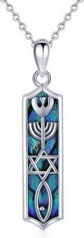 wholesale 925 Sterling Silver Star of David & Menorah Pendant Necklace with Abalone Shell Inlay - Jewish Messianic Seal Protection Jewelry for Hanukkah Gift-0-0