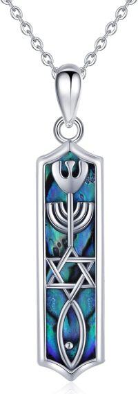 wholesale 925 Sterling Silver Star of David & Menorah Pendant Necklace with Abalone Shell Inlay - Jewish Messianic Seal Protection Jewelry for Hanukkah Gift-Messianic Seal-Abalone Shell
