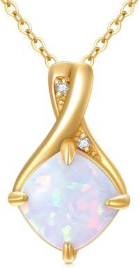 wholesale 14K Gold Square Cut White Opal & Diamond Pendant Necklace - 16 Chain-White Opal