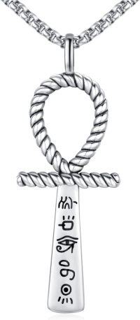 wholesale 925 Sterling Silver Twisted Rope Design Ankh Pendant Necklaces with Hieroglyphics and Eye of Horus Symbol for Men & Women - Ancient Egypt Style -Silver
