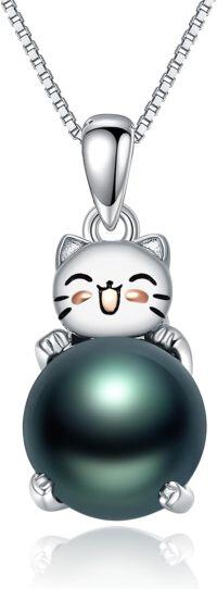 wholesale 925 Sterling Silver Cat & Black Freshwater Pearl Pendant Necklace for Women-Cat