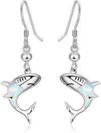wholesale 925 Sterling Silver White Opal Shark Drop Earrings for Women - Adorable Oceanic Gift Idea-White Opal