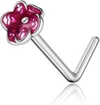 wholesale 925 Sterling Silver Flower Shape Pink Agate Stone L-Shaped Nose Ring (16g)-A-Violet