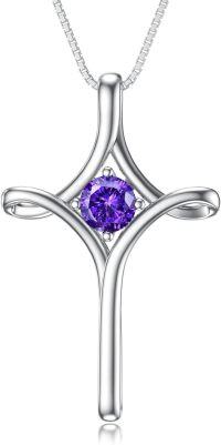 wholesale  Sterling Silver Birthstone Cross Necklace for Women Fine Jewelry Gift -02-Amethyst-February