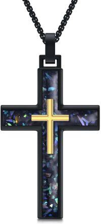 wholesale 925 Sterling Silver Mens Black Cross Necklace w/ Abalone Shell & Gold Accents-2-Abalone Shell