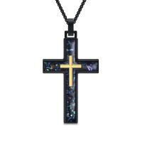 wholesale 925 Sterling Silver Mens Black Cross Necklace w/ Abalone Shell & Gold Accents-2-Abalone Shell