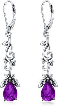 wholesale Sterling Silver Simulated Birthstone Crystal Vintage Oxidized Branches Dangle Earrings-Amethyst Purple