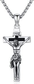 wholesale 925 Sterling Silver Crucifix Cross Jesus Christ Pendant Necklace for Men Women with INRI Inscription and 3MM  Cable Chain (Silver)-0-0
