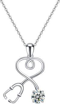 wholesale 925 Sterling Silver Gold Moissanite Diamond Pendant - 1.0ct Round D-F VVS, Stethoscope Necklace for Medical Professionals-White Gold