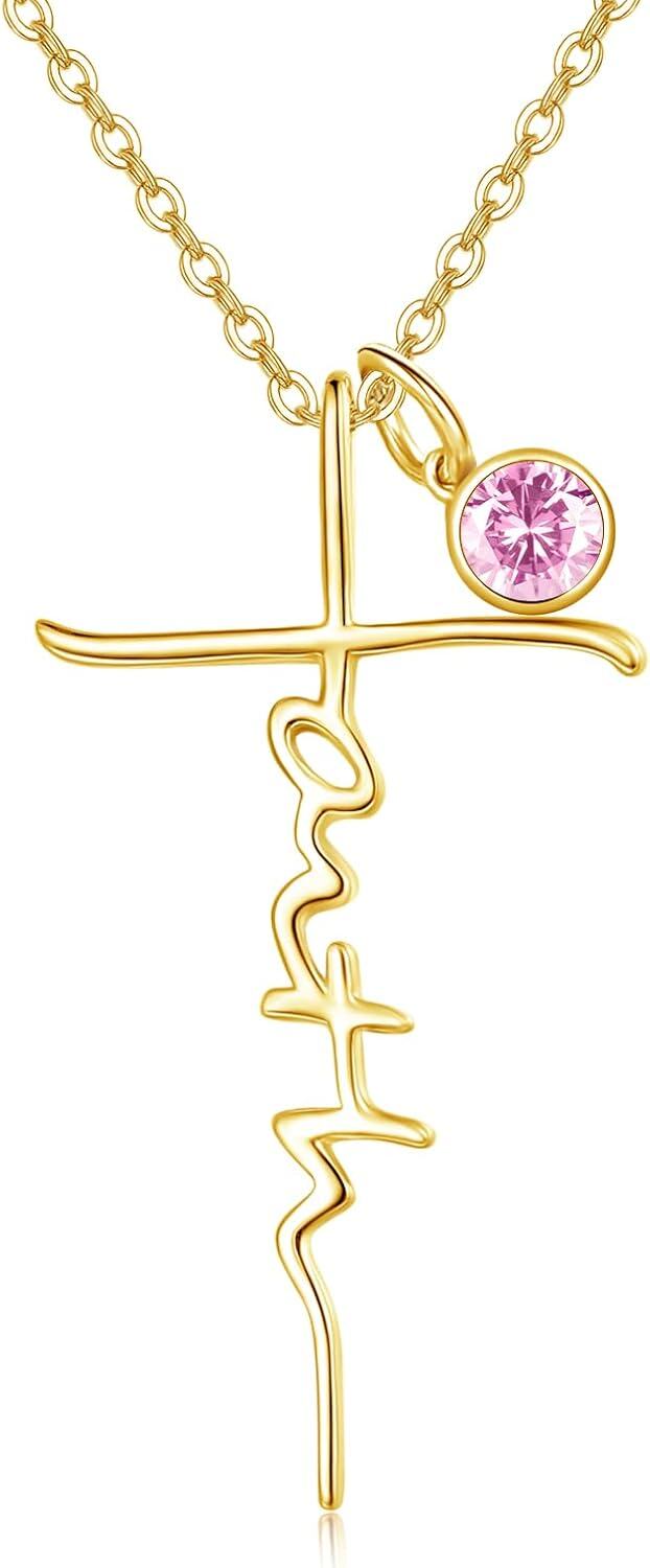 Sterling Silver Birthstone Faith Cross Pendant Necklace for Women-Gold-Pink-Gold-Pink