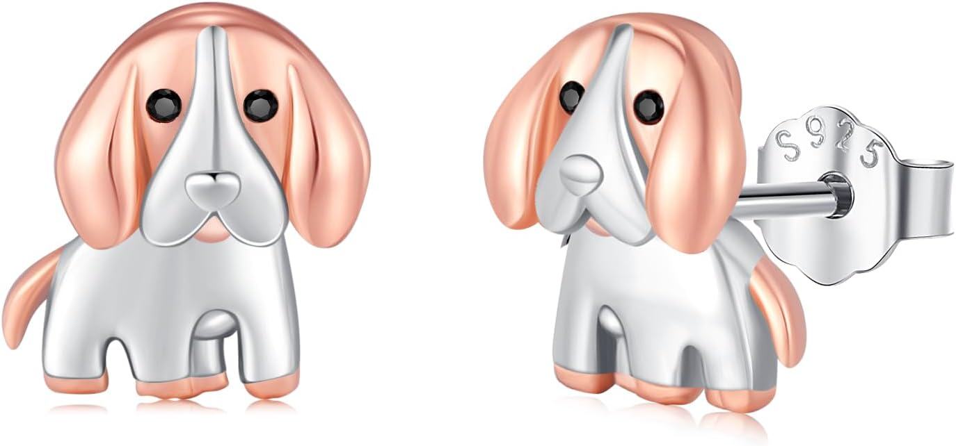  Sterling Silver Animal Stud Earrings Butterfly Unicorn Yorkie Beagle Axolotl Frog Cow Panda Dog Dino Cat Hedgehog Sloth -Beagle Earrings-A