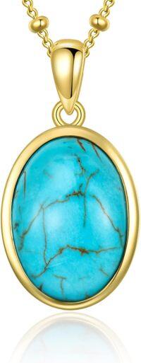 wholesale Gold-Plated 925 Sterling Silver Oval Genuine Turquoise Pendant Necklace for Women-Yellow Gold Plated