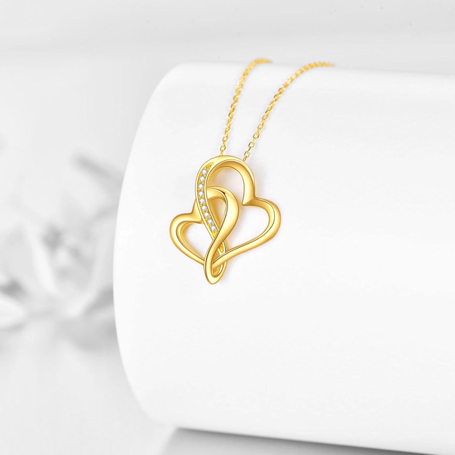 14K Gold Double Heart Pendant Necklace for Women-0-4