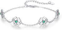 wholesale 925 Sterling Silver Green Crystal Flower Adjustable Chain Bracelet for Women-B-Green Four-Leaf Clover