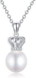 wholesale 925 Sterling Silver Crown Design with White Freshwater Pearl and Cubic Zirconia Pendant Necklace for Women-0-0