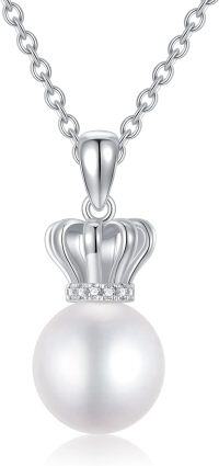 wholesale 925 Sterling Silver Crown Design with White Freshwater Pearl and Cubic Zirconia Pendant Necklace for Women-A-Crown