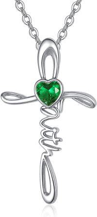 wholesale Sterling Silver Simulated Gemstone Faith Cross Birthstone Necklace for Women Christian Gifts-05-Emerald