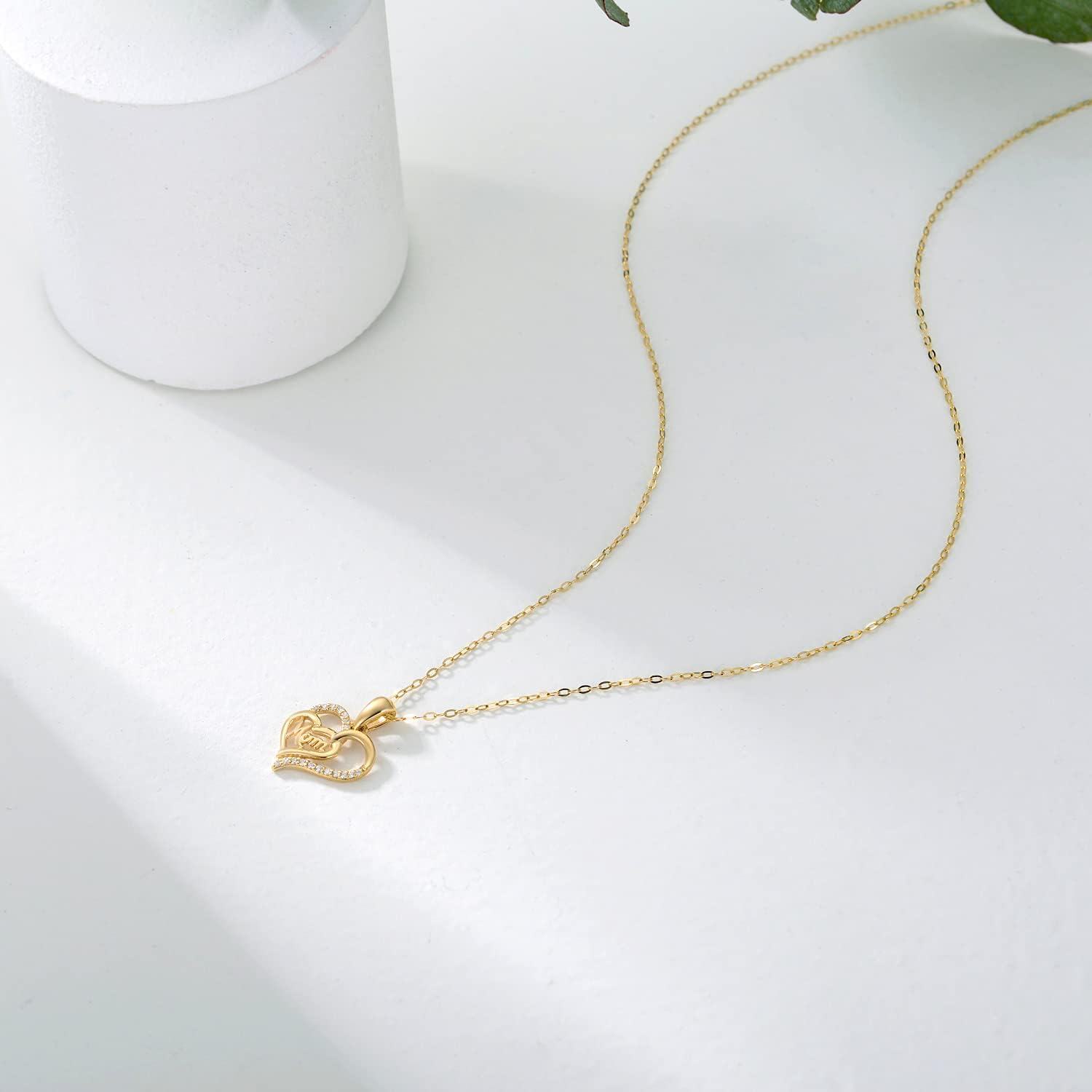 wholesale 14K Gold Double Heart Pendant with Cubic Zirconia and Mom Inscription - Gift for Mother's Day (18 Inches)-0-5