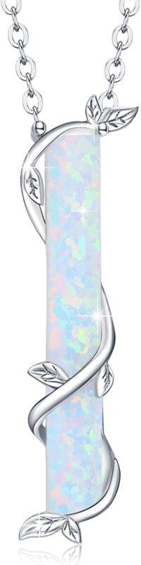 wholesale 925 Sterling Silver Opal Leaf Bar Pendant Necklace - White Blue Green Stone s for Women and Teen Girls-I-Opal