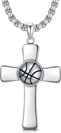 wholesale 925 Sterling Silver Cross with Basketball Design Sport Pendant Necklace for Men-D01-Basketball