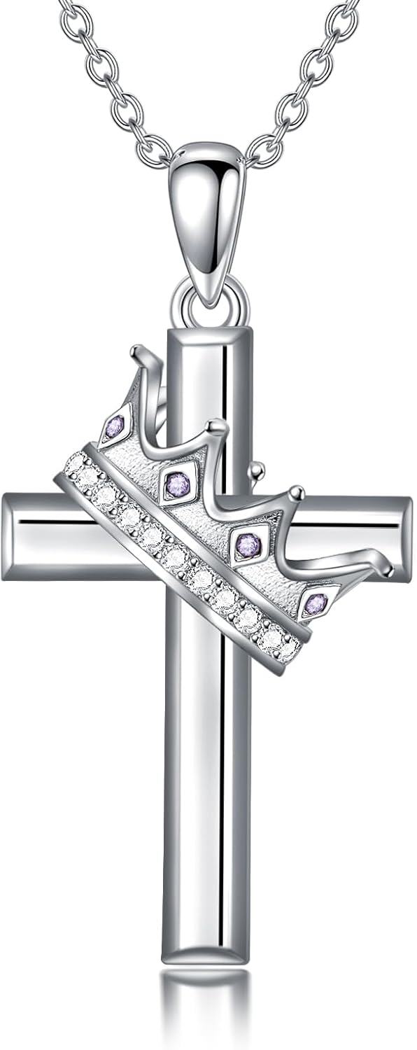 wholesale 925 Sterling Silver Birthstone Crown Cross Pendant Necklace for Women-06-June
