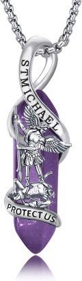 wholesale 925 Sterling Silver Purple Quartz Saint Michael Guardian Angel Protect Us Charm Necklace-0-0