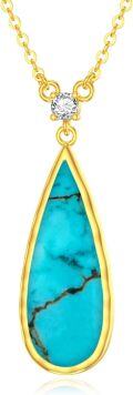 wholesale 925 Sterling Silver Natural Turquoise Pendant Necklace - Teardrop Shape with Cubic Zirconia Accent Chain Gift for Her-0-0