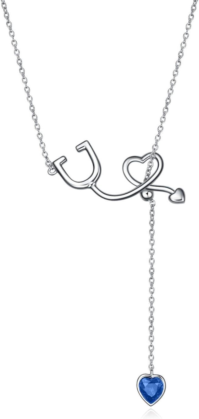 Sterling Silver Crystal Austria Stethoscope Lariat Necklace Nurse Gift 22 -09-Sapphire Blue
