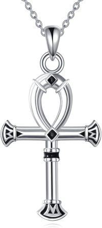 wholesale 925 Sterling Silver Ankh Cross Pendant Necklace with Black Cubic Zirconia Elements for Women and Men-Ankh-A