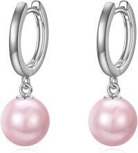 wholesale 925 Sterling Silver Black Pearl Drop Hoop Earrings for Women-Pink Pearl