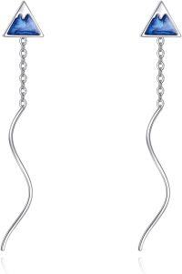 wholesale 925 Sterling Silver Mountain Triangle Threader Dangle Drop Earrings with Blue Enamel and Chain for Women-Triangle