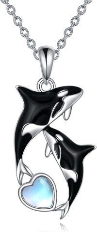 wholesale 925 Sterling Silver Orca Whale Necklace for Women with Heart-Shaped Moonstone Pendant-moonstone