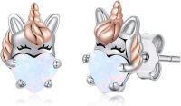 wholesale 925 Sterling Silver Heart-Shaped Opal Unicorn Stud Earrings for Kids & Adults-Silver